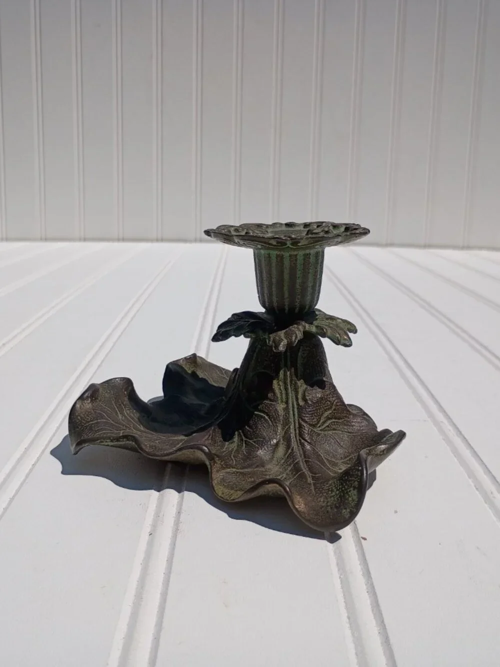 Vintage Cast Brass Taper Candle Holder Floral Leaf Verdigris Green Bronze Dish